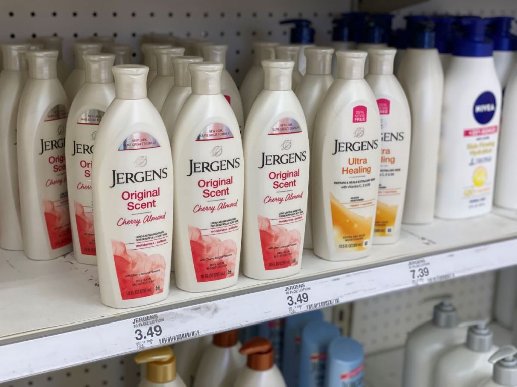 row of Jergens lotions on shelf at Target
