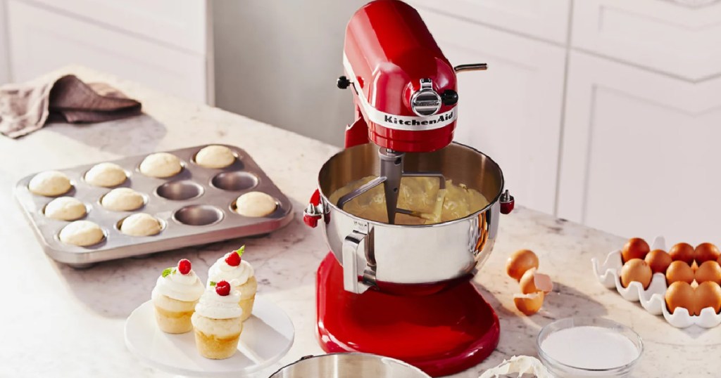 red kitchenaid stand mixer on a countertop