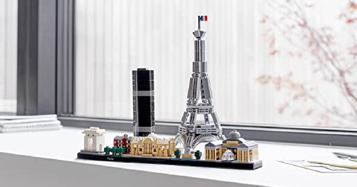 LEGO paris skyline set assembled and on display in front of a window
