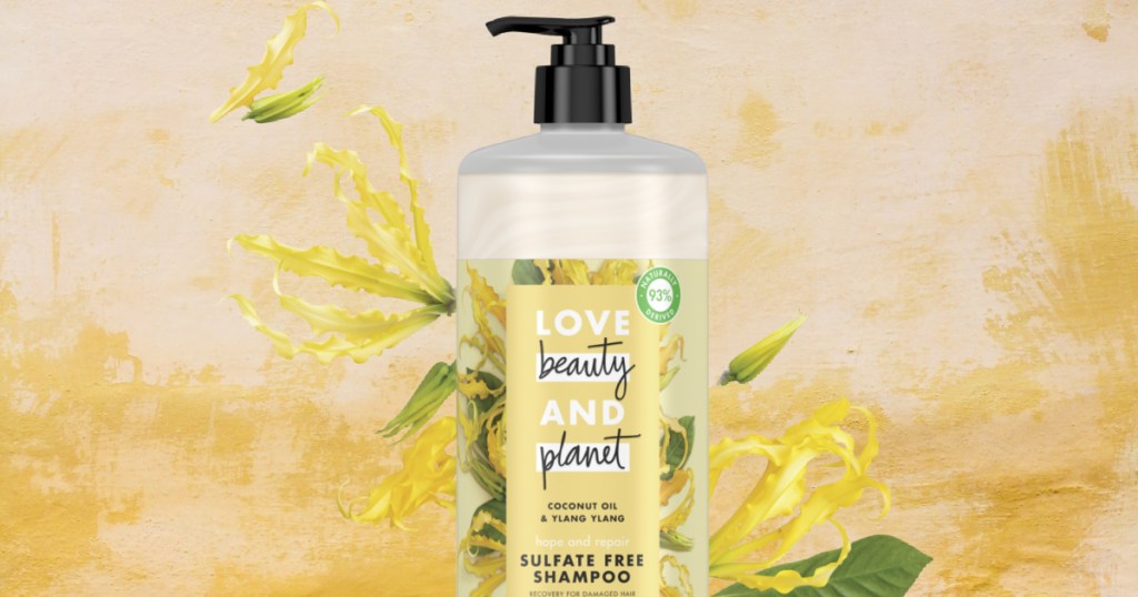 pump bottle of shampoo with yellow flowers and yellow background