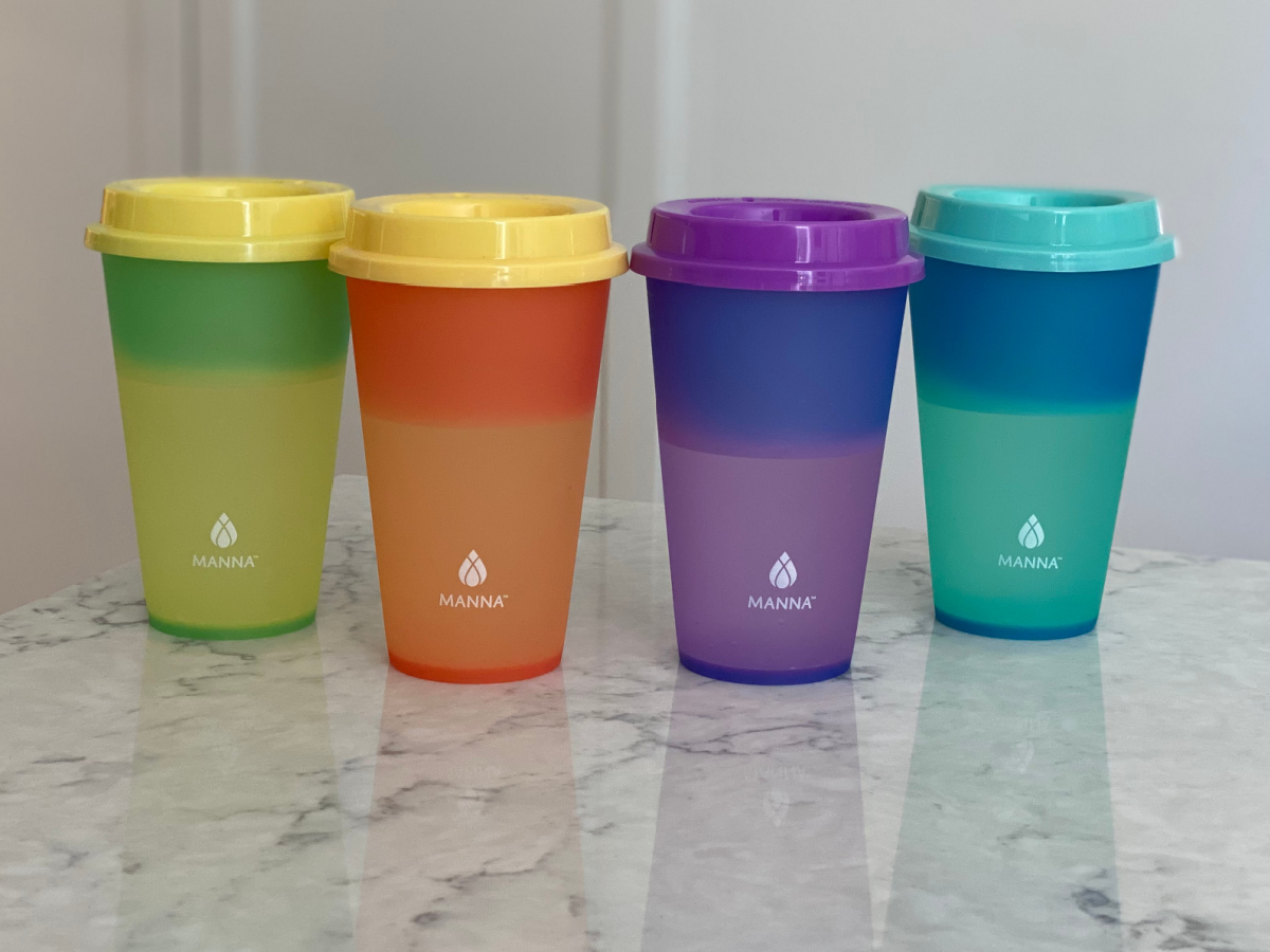 four color changing tumblers on counter top