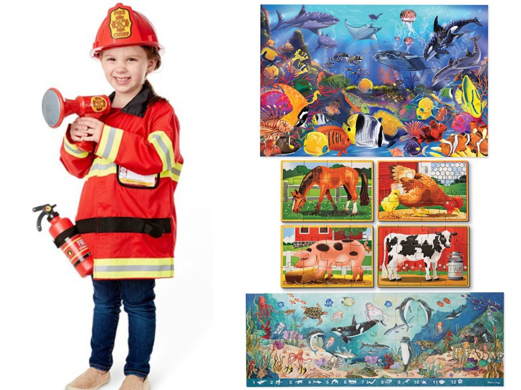 little girl wearing a firefighter costume next to a set of puzzles