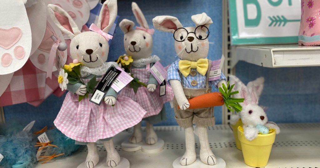 stuffed Easter bunnies on a shelf at michaels