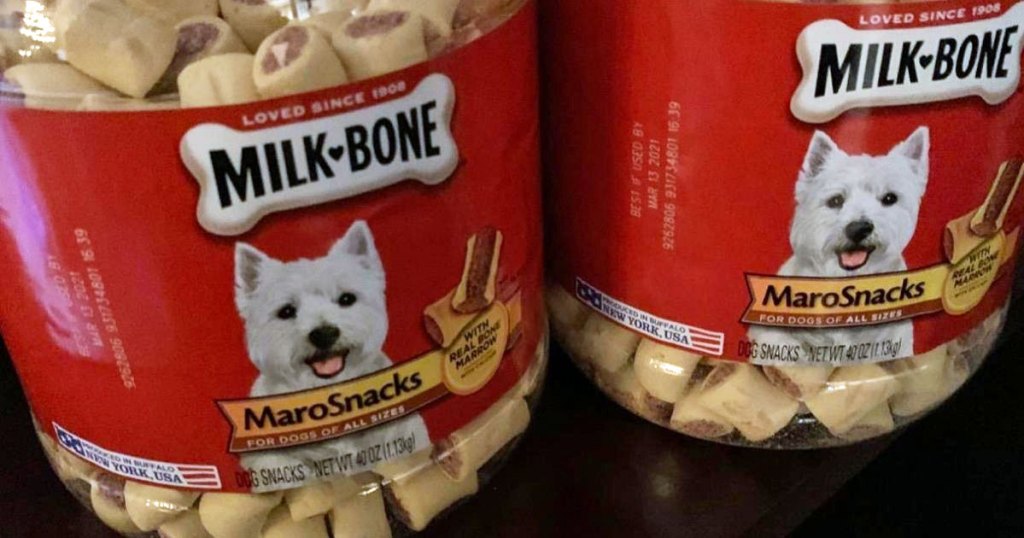 two containers of milk-bone marosnacks dog treats