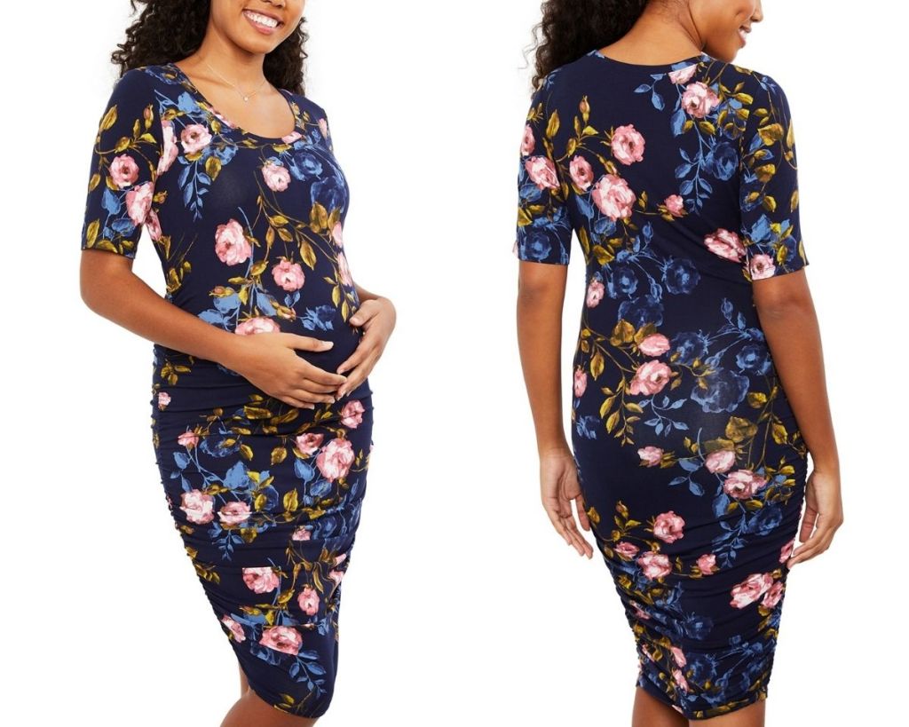 front and back of Motherhood Maternity Navy Floral Dress