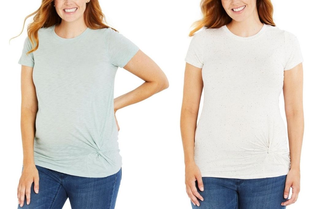 ladies in 2 views of Motherhood Maternity Twist-Front T-Shirt