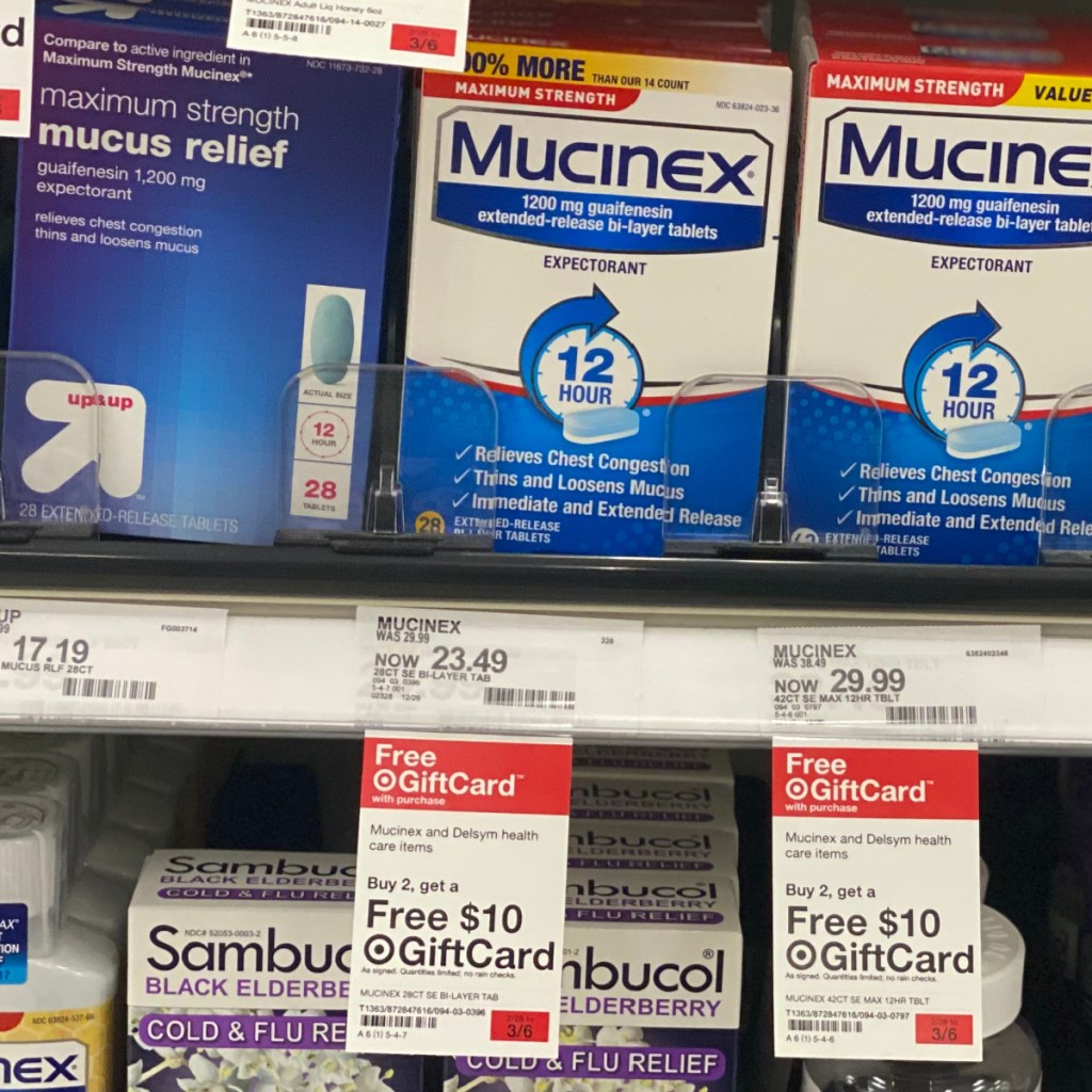 In-store display of packs of Mucinex tablets