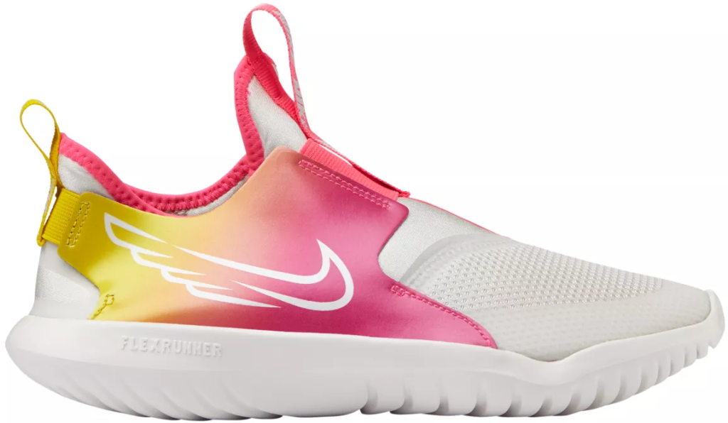 pink, yellow and white Nike sneaker