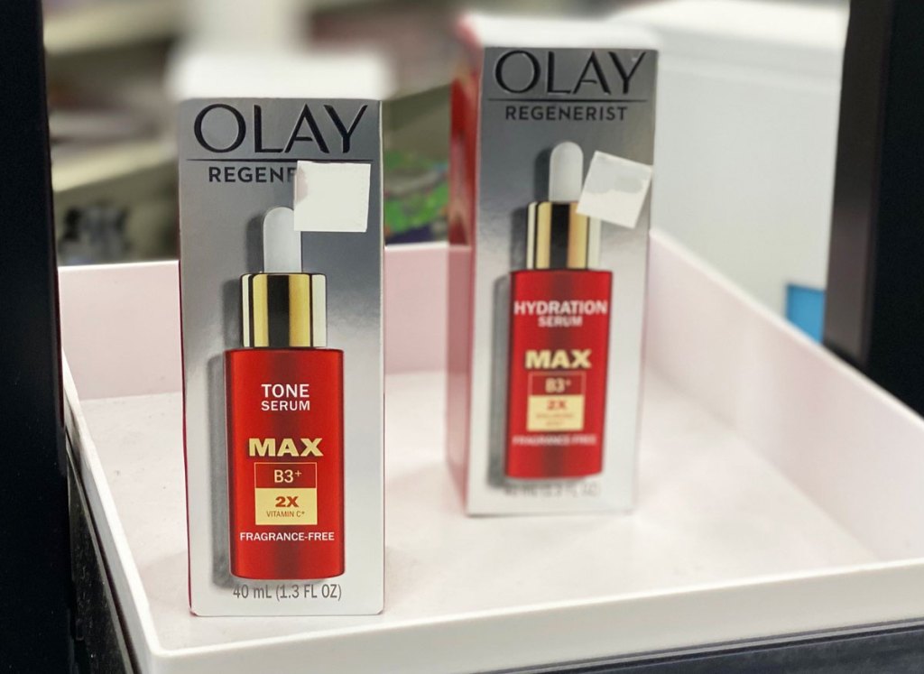 two olay max serums in a white tray