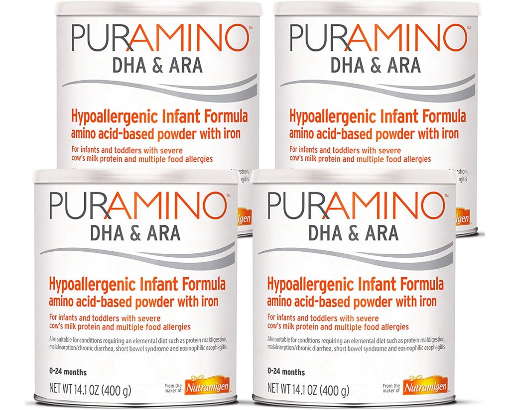 four cans of Puramino Hypoallergenic Infant & Toddler Formula