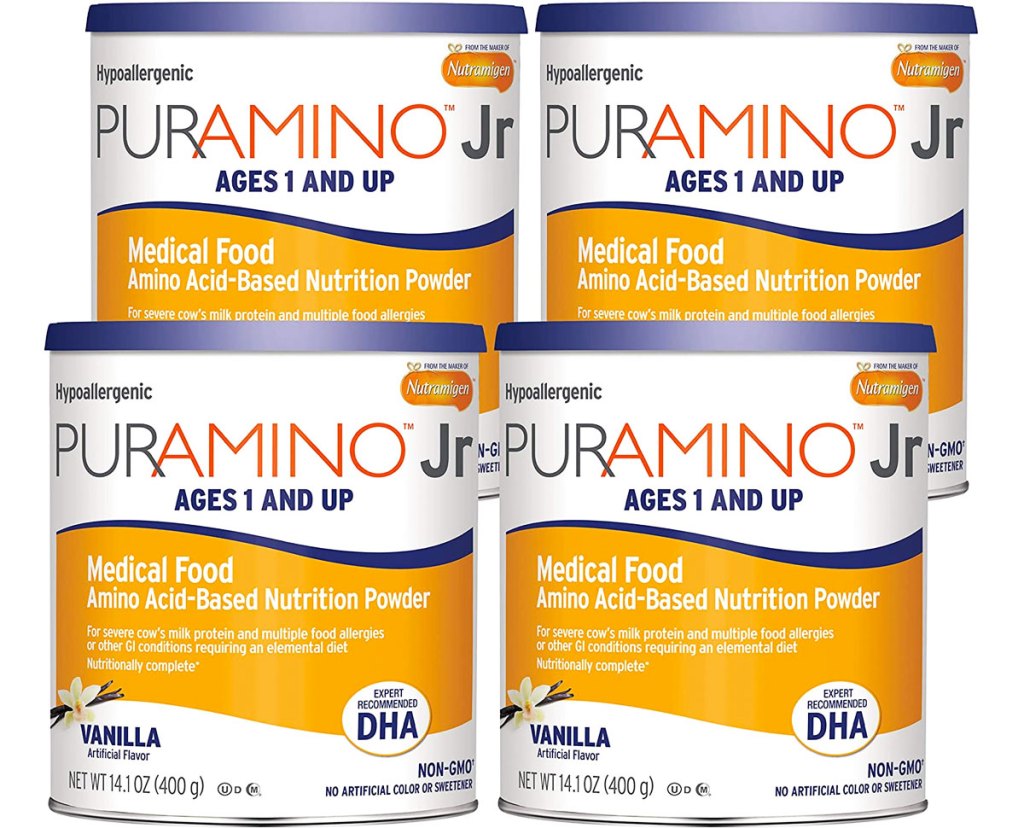 four cans of Puramino Junior Vanilla Hypoallergenic Powdered Formula