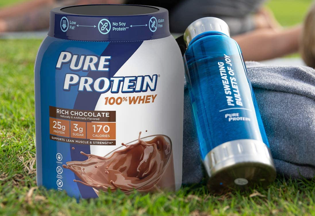 Pure Protein Whey container and water bottle