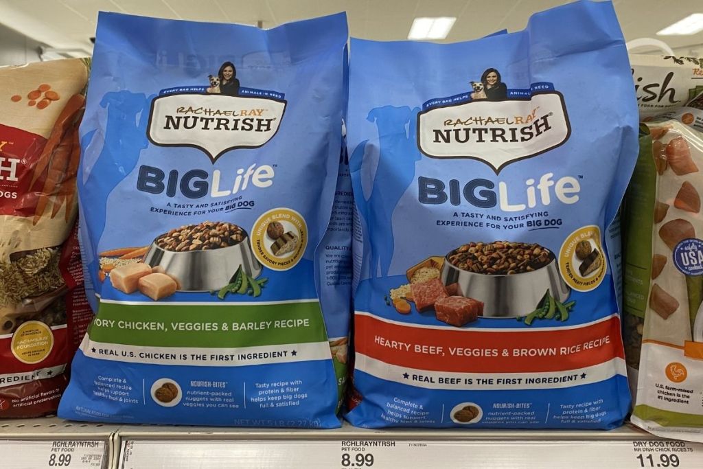2 bags Rachael Ray Nutrish Big Life Dog Food on shelf