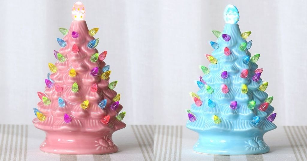 2 Retro Ceramic Pink and Blue Tabletop Easter Trees