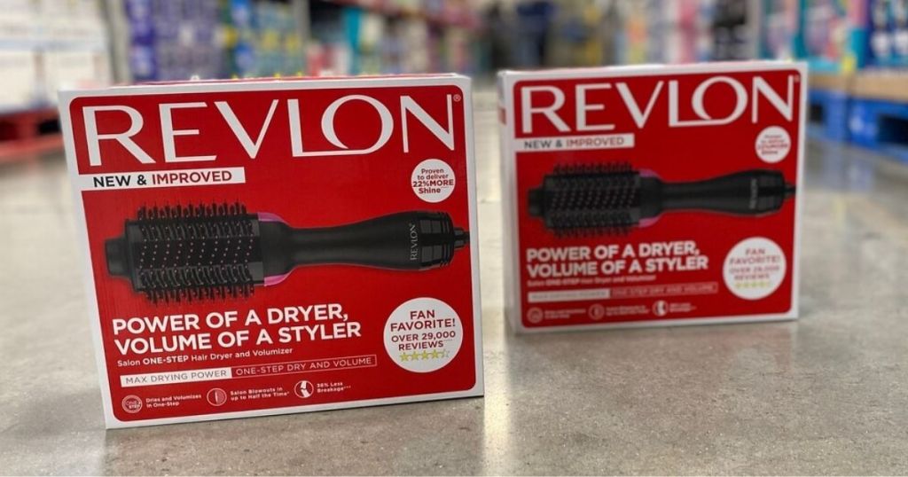 2 Revlon One-Step Hair Dryer & Volumizers in packaging on club floor