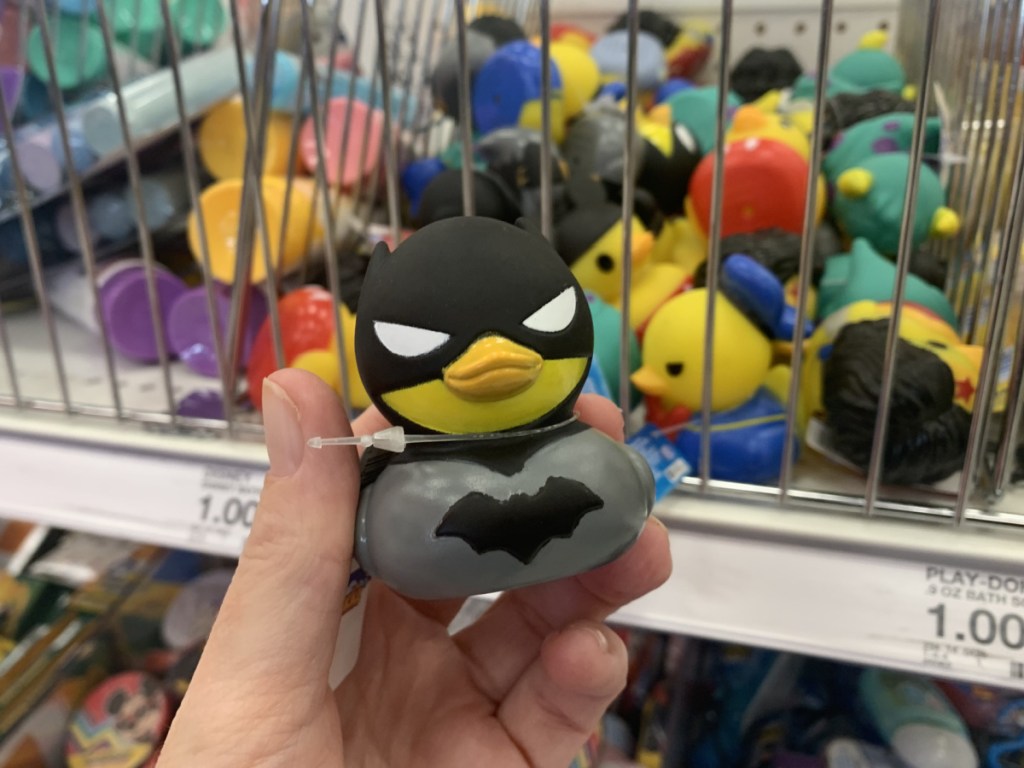 hand holding batman rubber duck at target 