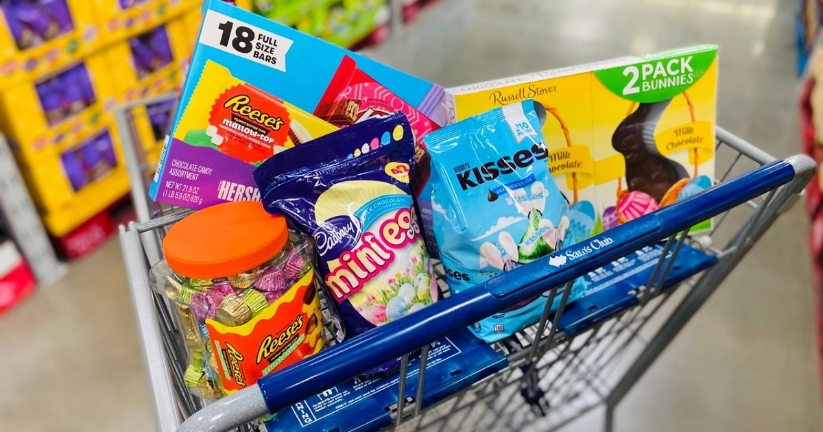 Sam's Club Shopping cart with front basket full of club size Easter candy