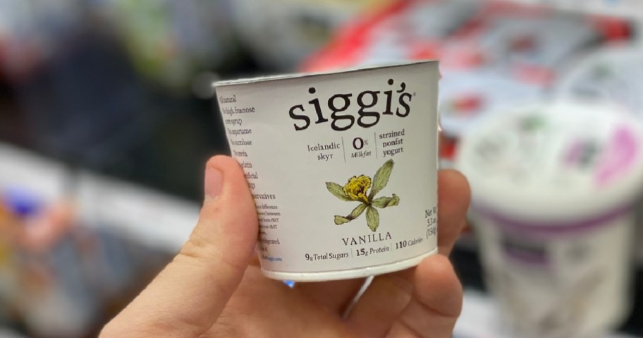 hand holding Siggi's Yogurt cup