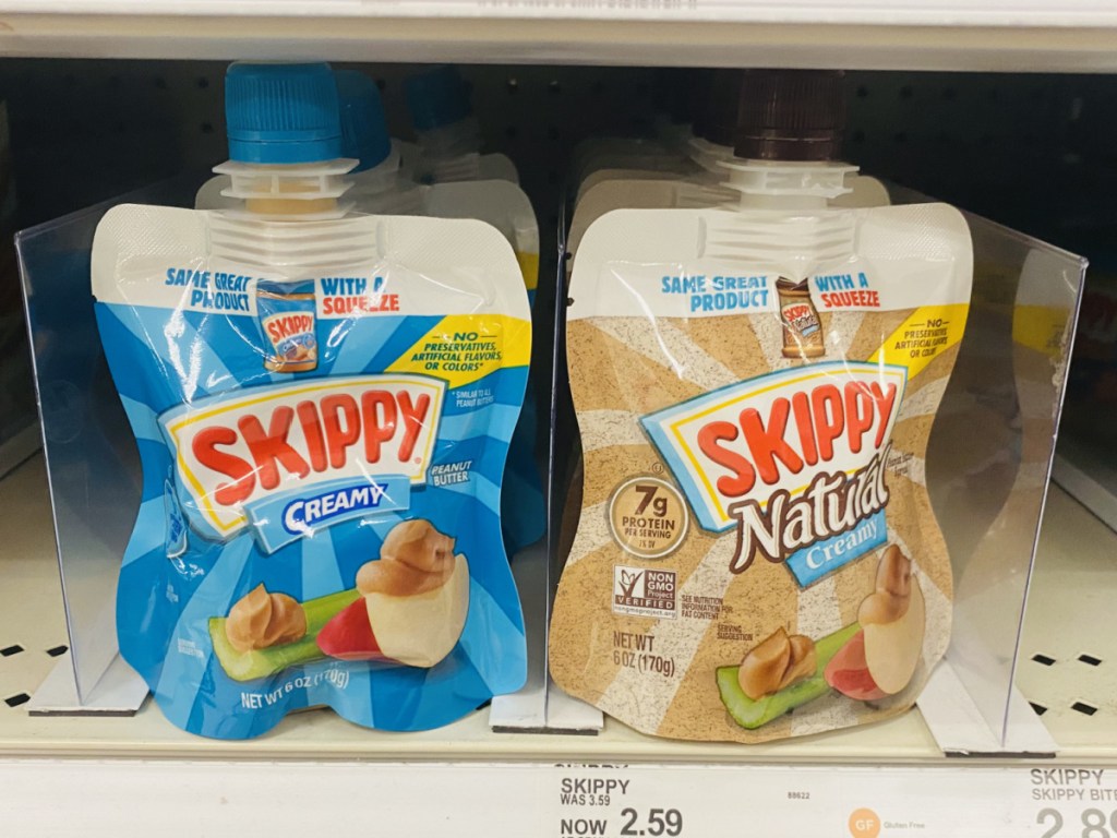 skippy peanut butter squeeze on store shelf