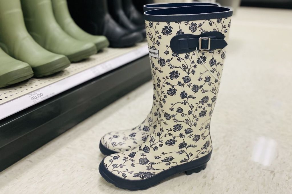 Smith & Hawken Women's Tall Print Rain Boots on the floor in store
