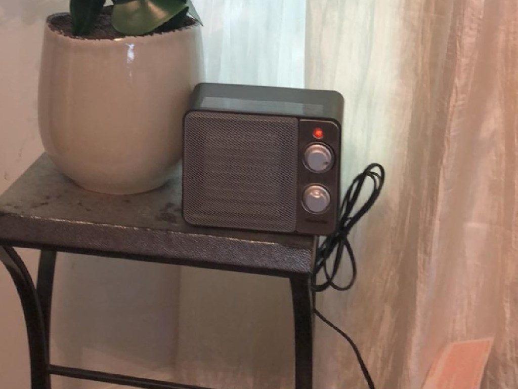 Small space heater on end table near plant