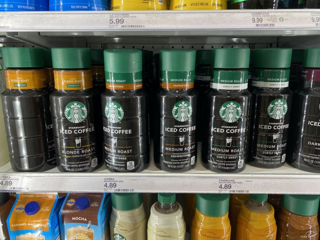 row of Starbucks coffee on a shelf at Target