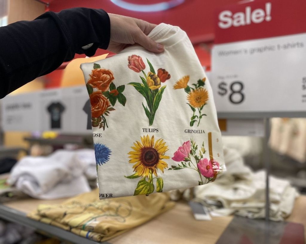 hand holding floral shirt at Target Nature Women's Graphic Tees