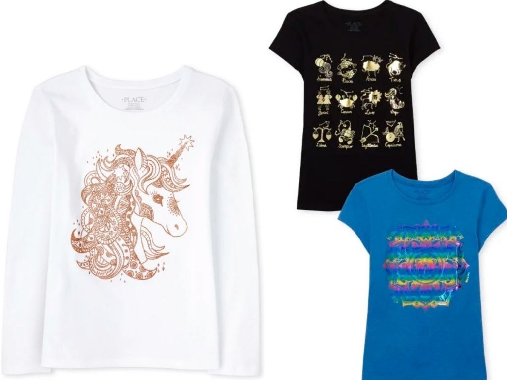 three graphic shirts for girls from The Childrens Place