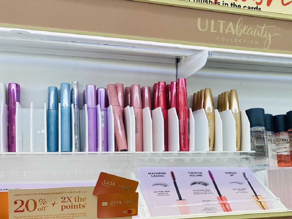 row of mascaras on a shelf at ULTA Beauty