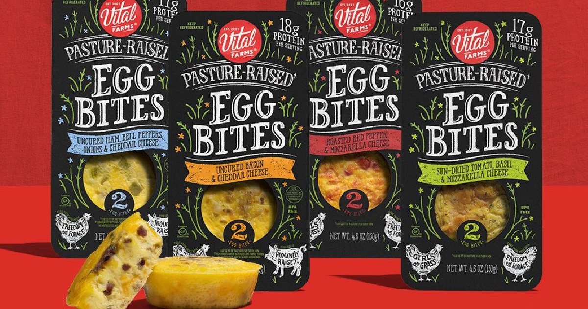 a variety of egg bites in packaging against a red background