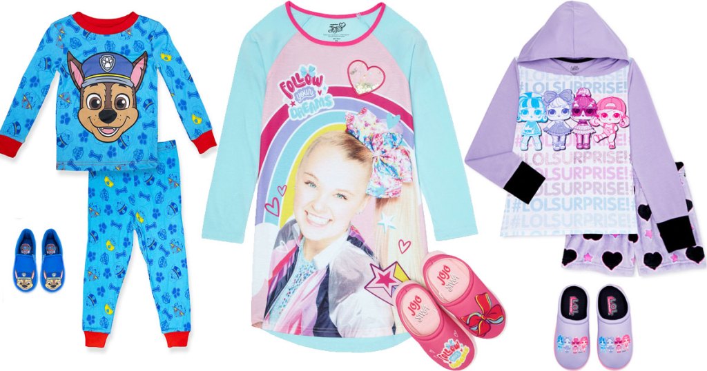 three pairs of kids character pajama sets with matching slippers