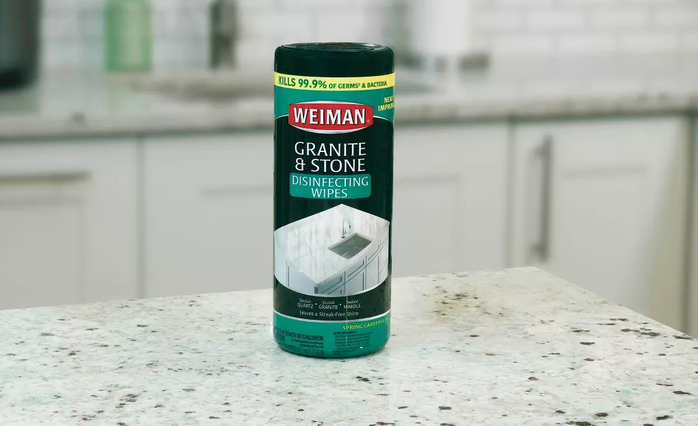 bottle of granite wipes on a counter