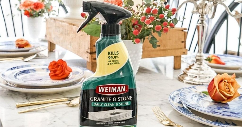 bottle of Weiman Granite and Stone Cleaner on a table