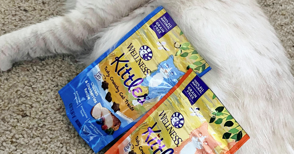 packages of kitty treats resting against a white haired cat