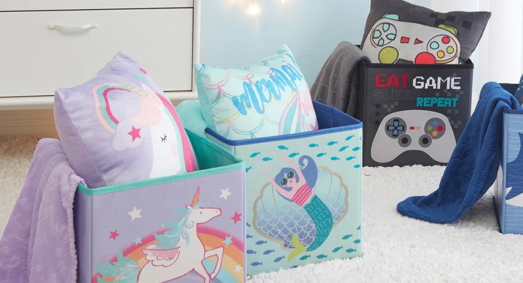 Your Zone Kids 3-Piece Storage Cube Sets in unicorn, mermaid and gamer in bedroom