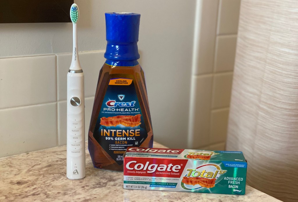 bacon mouthwash and bacon toothpaste april fools prank