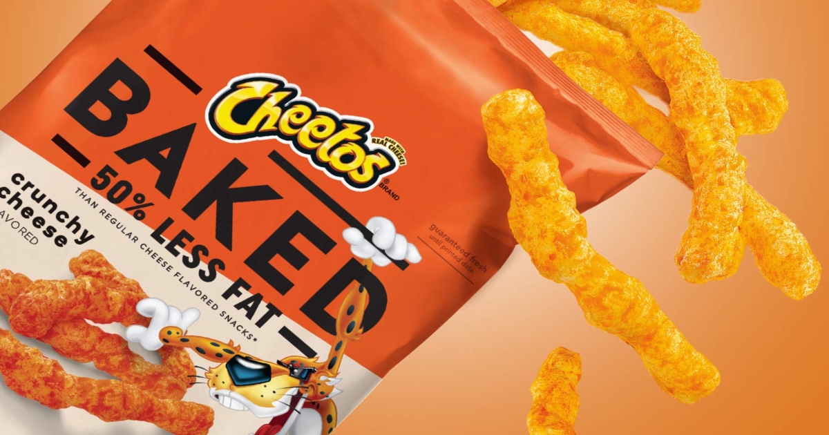 Baked Cheetos with the bag open and some Cheetos falling out