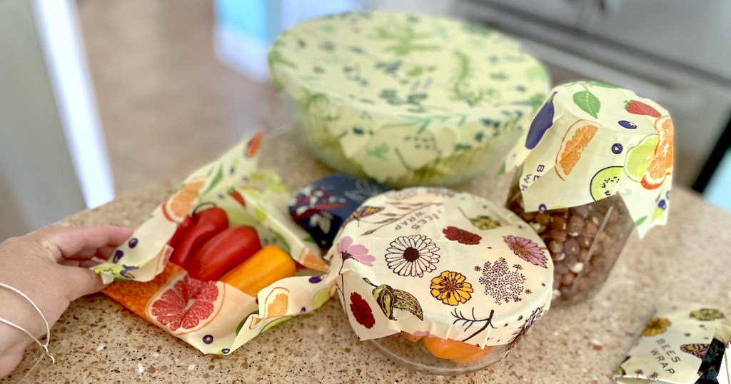 various bowls on counter with beeswax wraps on top