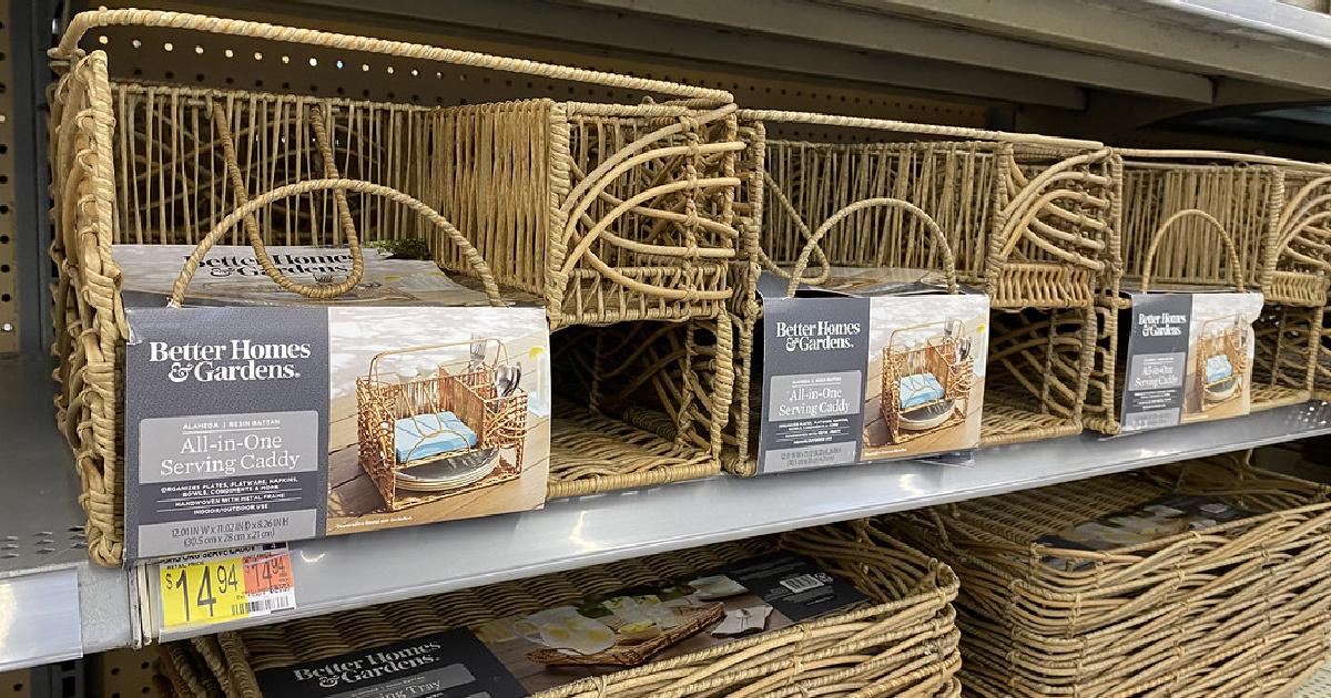 wicker rattan serving caddies and trays on a store shelf