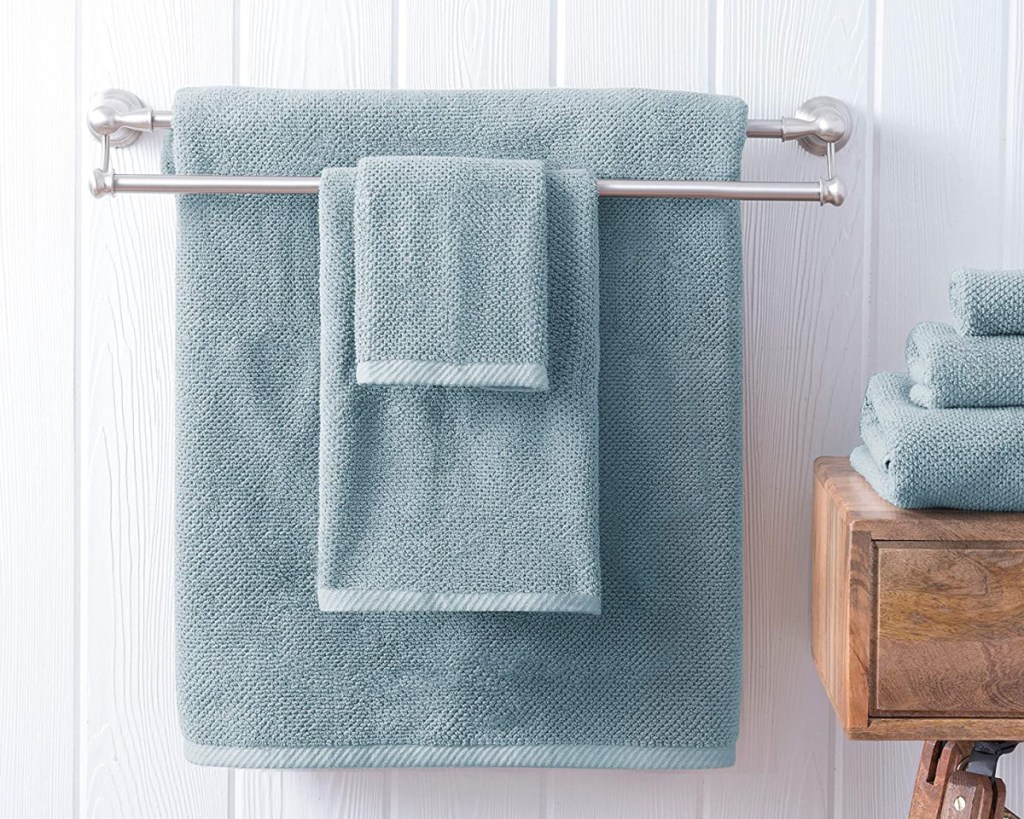 blue towel set hanging