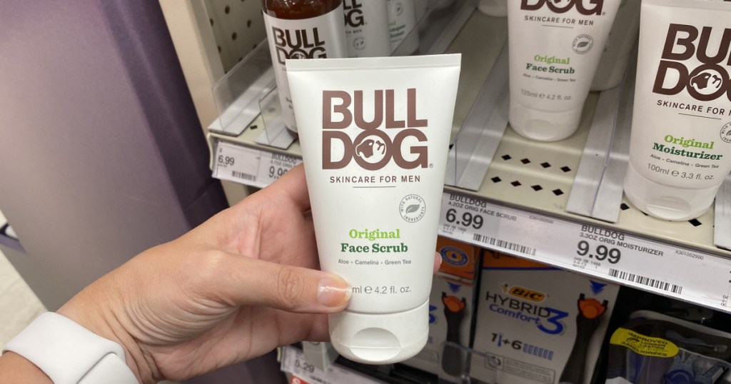 bull dog face scrub in hand in store at target