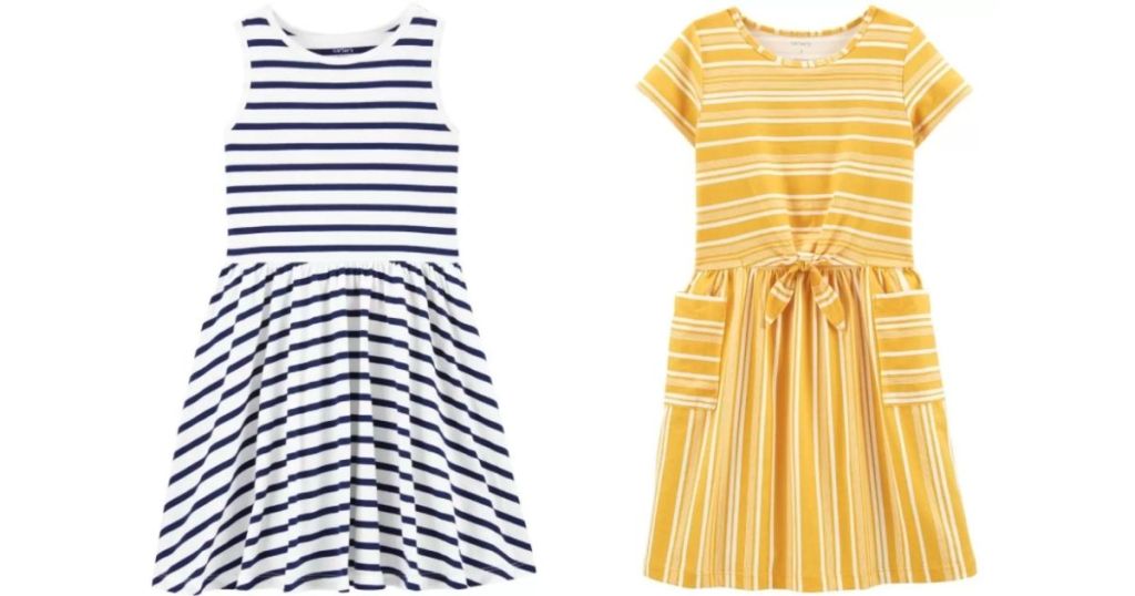 white and blue striped dress and yellow and white dress
