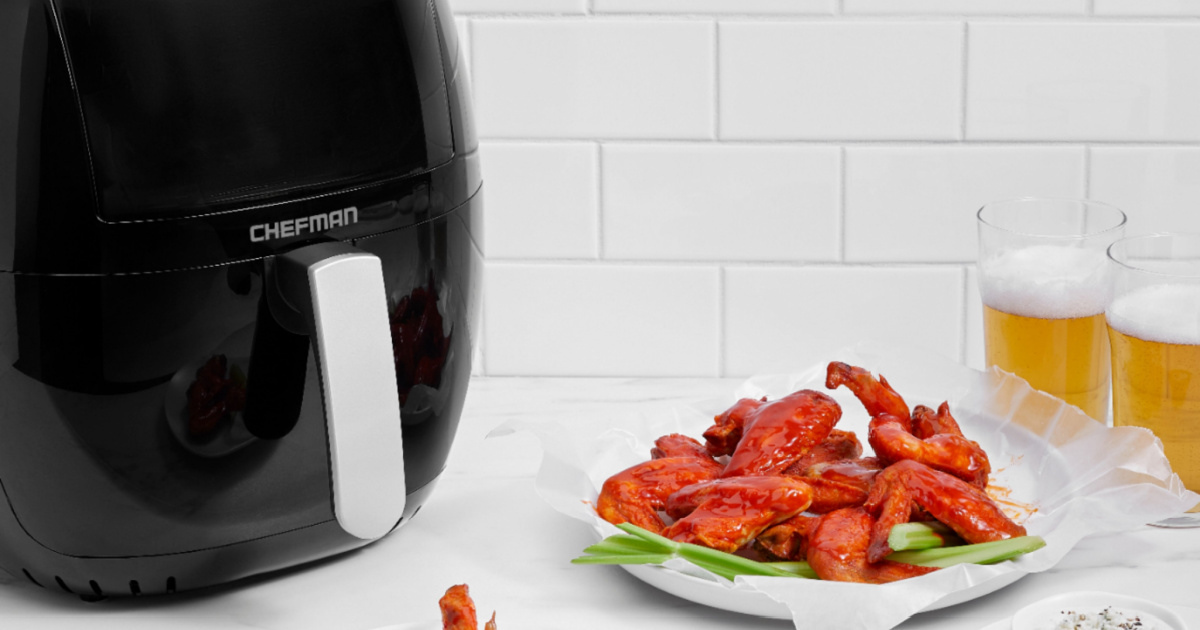 black air fryer and chicken wings