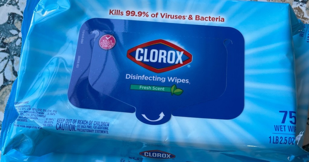 Clorox wipes in blue pouch
