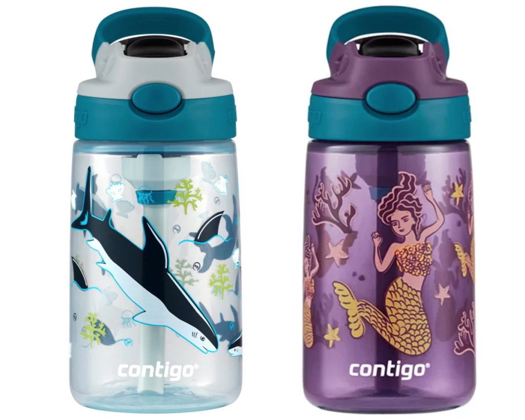 2 contigo kids water bottles in shark and mermaid styles