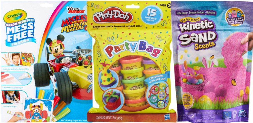 crayola color wonder book, play-doh party bag, and kinetic sand scent bag
