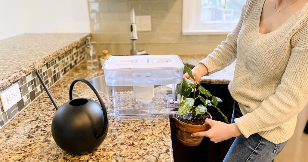 woman watering plant from epic water filter