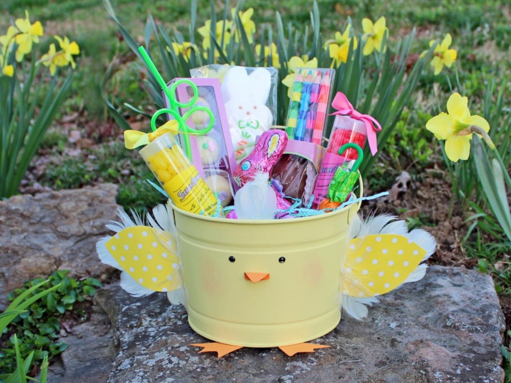 yellow bucket decorated to look like Easter chick