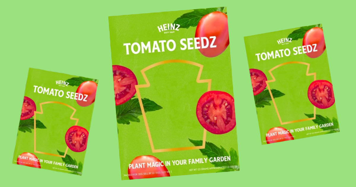 3 packets of Heinz tomato seeds and green background