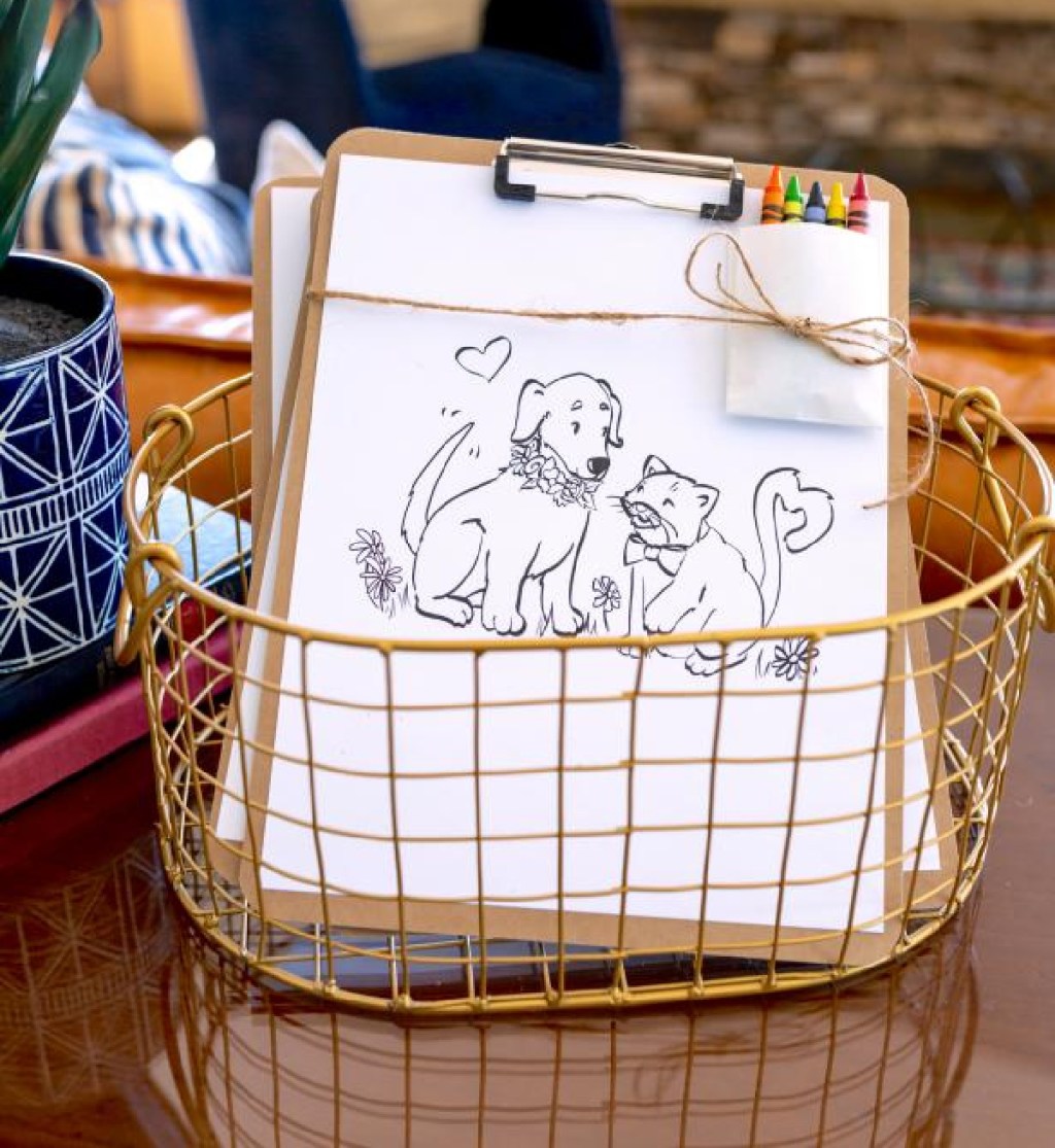 One of the best Dollar Tree wedding hacks include making an activity kit for the kids table.